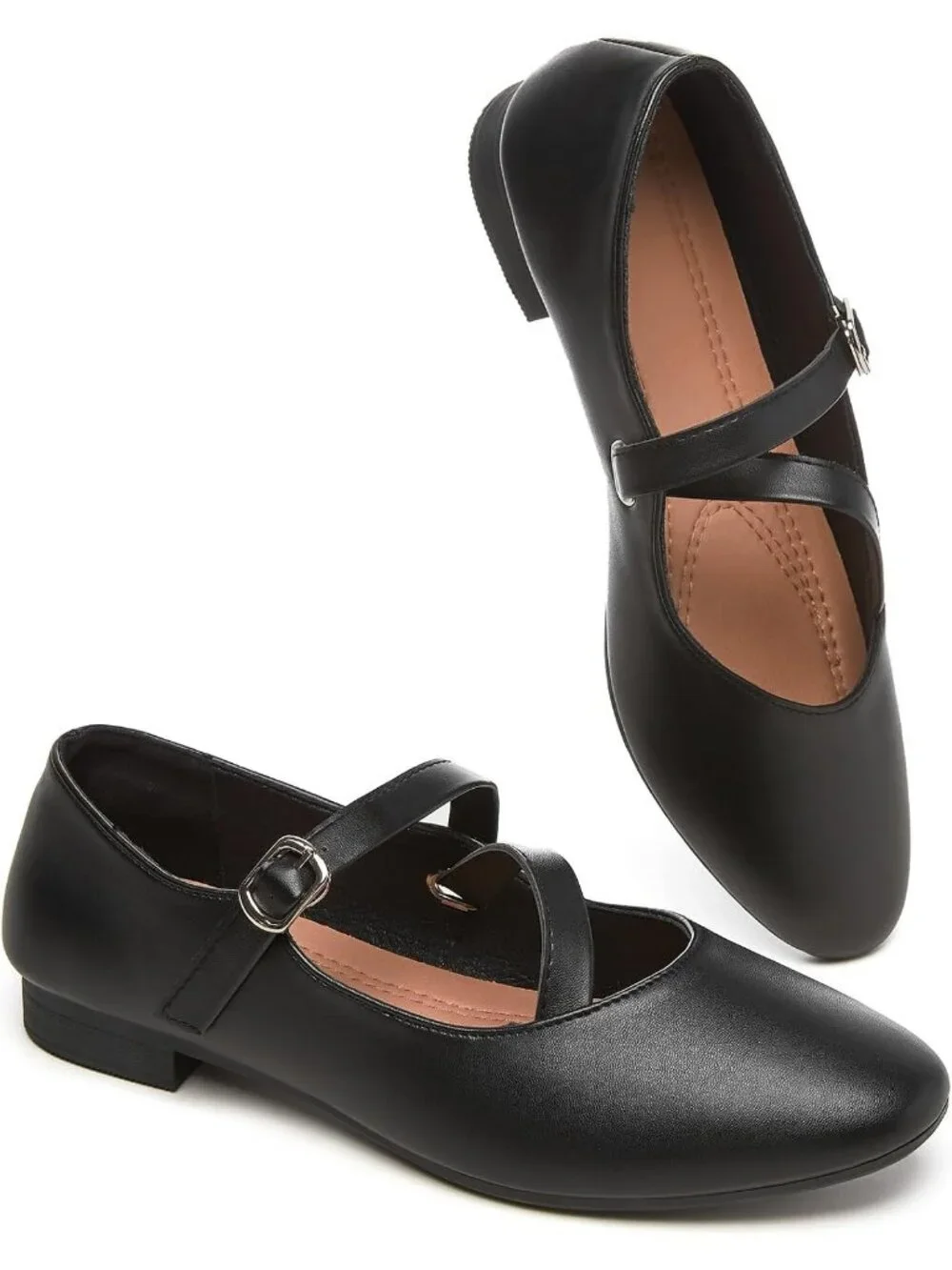 Women's Black Rubber Cross Buckle Strap Ballet Flats Memory Foam Casual Shoes